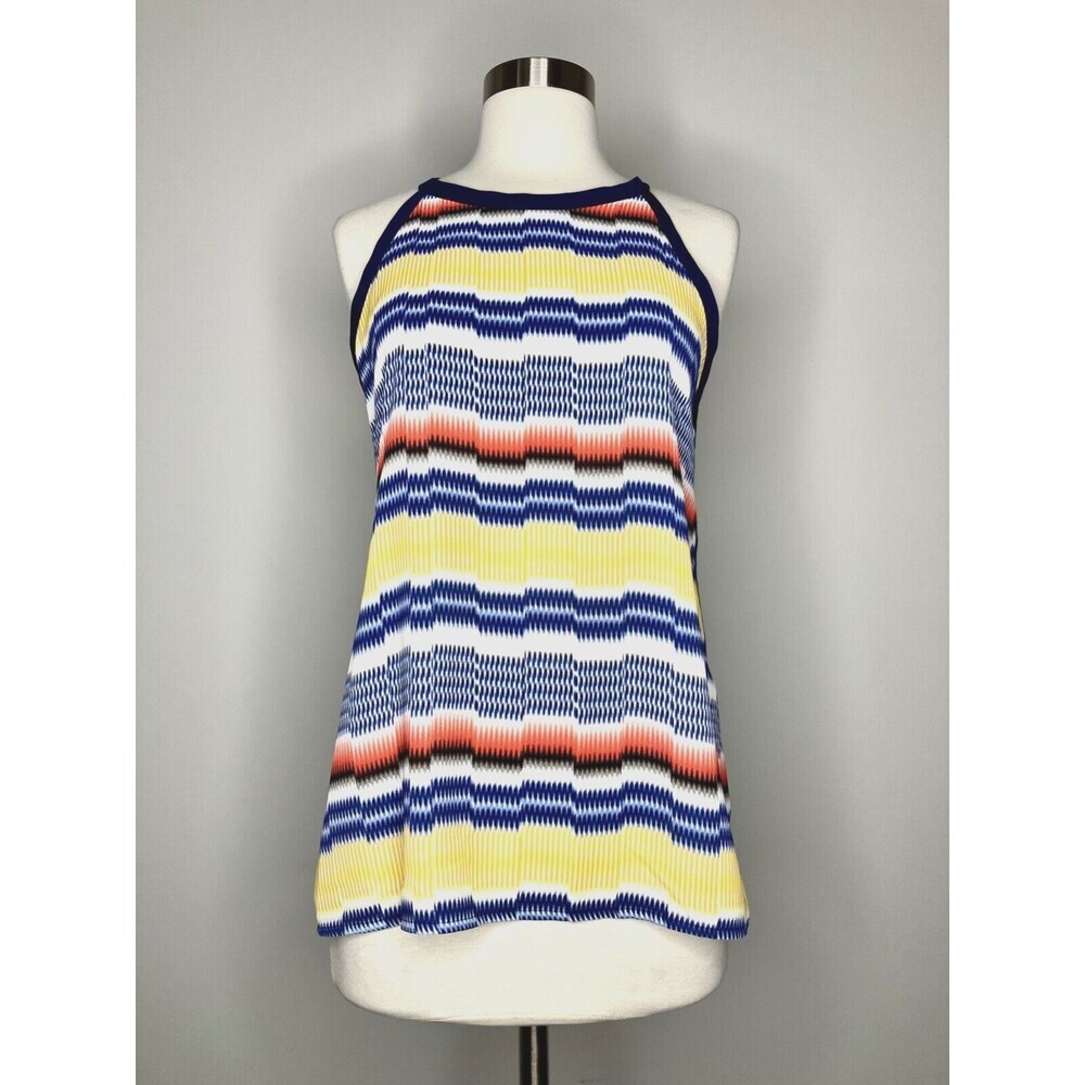 Vince Camuto Top Women Petite Small Navy Yellow White Geometric‎ Neck Tie